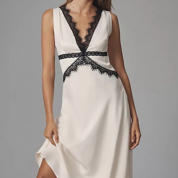 Anthropologie White Silk with Black Lace Dress - Picture 2 of 8